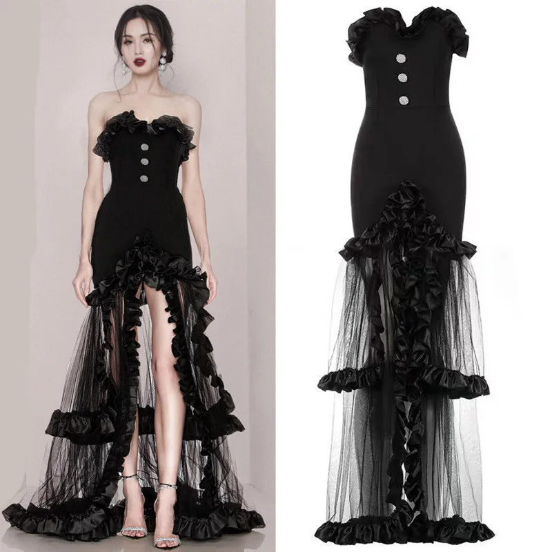 

Black See Thru High Low Women Maxi Dresses To Party Streplss Buttons Ruffles Long Robe Female Dress