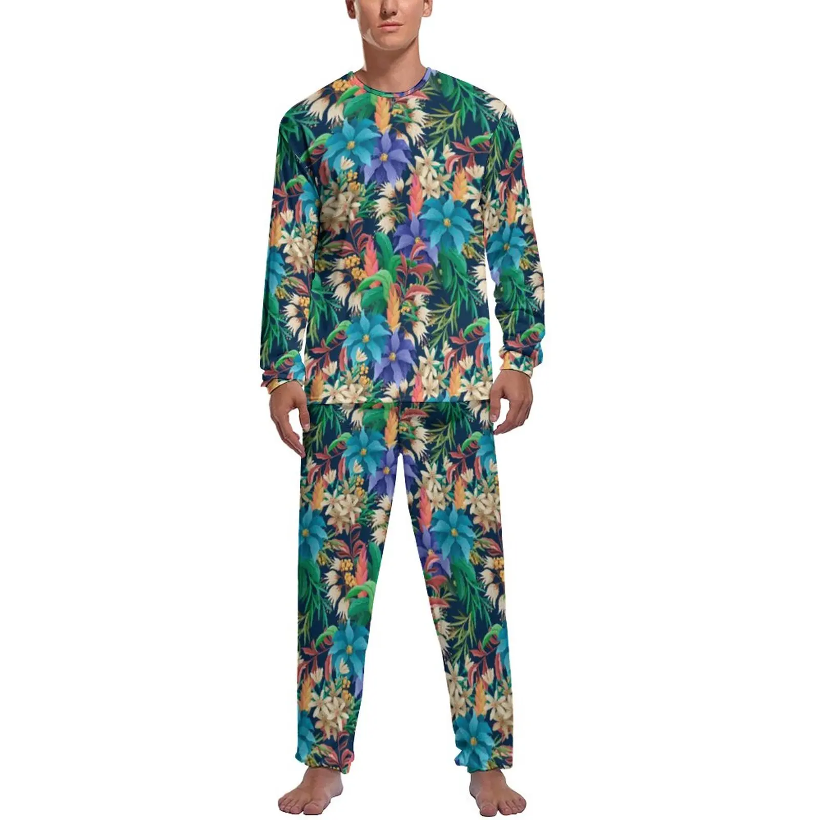 Tropical Floral Pajamas Winter 2 Pieces Hawaiian Designs Cute Pajama Sets Mens Long Sleeve Home Pattern Nightwear