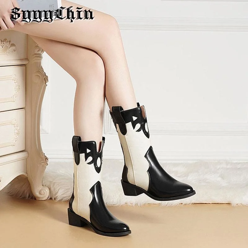 

Autumn Women Boots Mid Calf Chunky Heel Splicing Plush Ladies Pumps Female Fashion Concise Classic Warm Cozy Shoes Mujer Zapatos