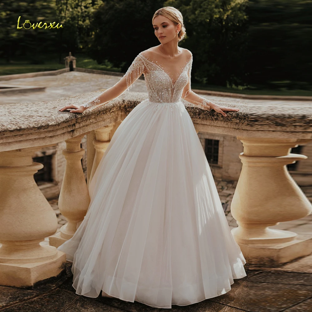

Женское свадебное платье Loverxu, элегантное ТРАПЕЦИЕВИДНОЕ ПЛАТЬЕ с круглым вырезом и длинным рукавом, кружевное платье с блестками, 2023