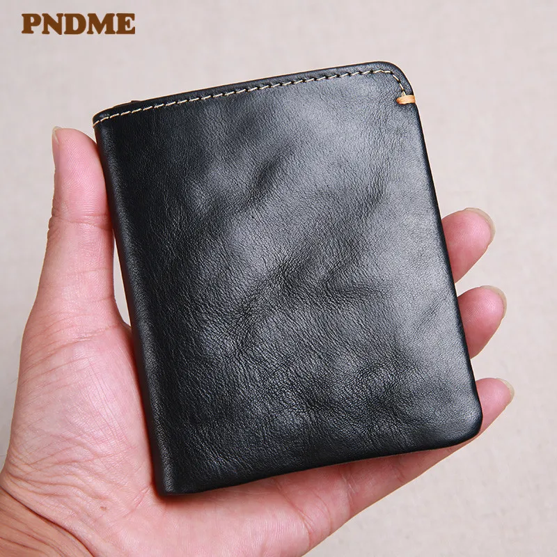Casual simple genuine leather men's black small wallet natural first layer cowhide teens short minimalist card holder purse