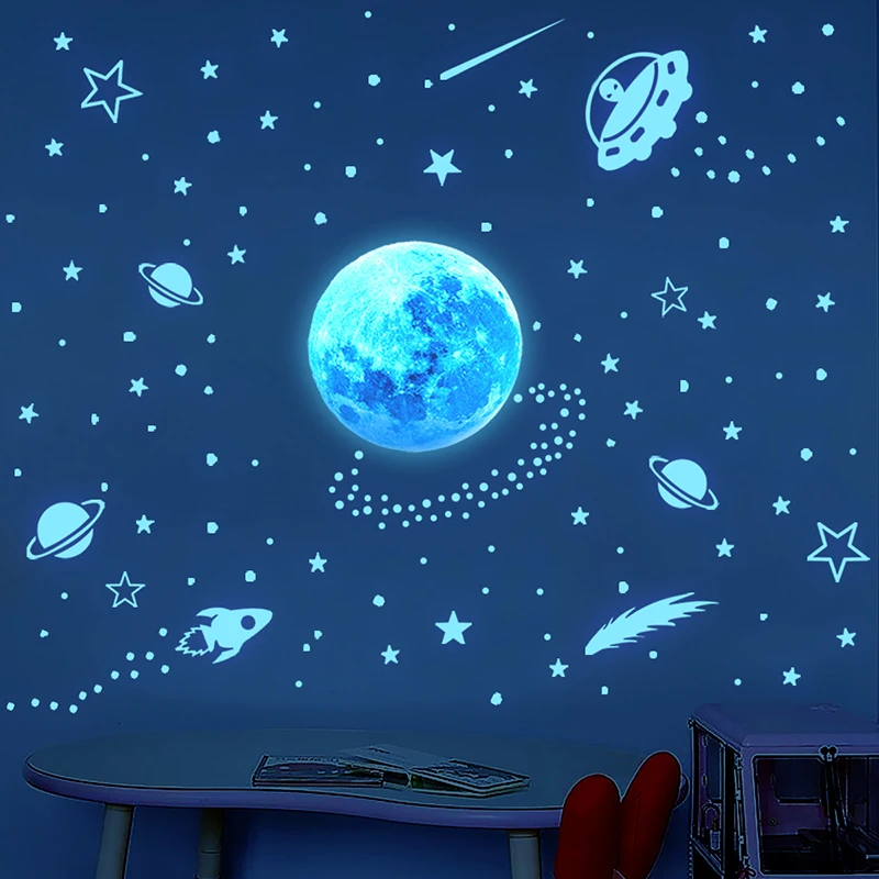

PVC Planet Meteor Blue Luminous Wall Sticker Bedroom Living Room Background Wall DIY Decorative Self-Adhesive Painting CW175