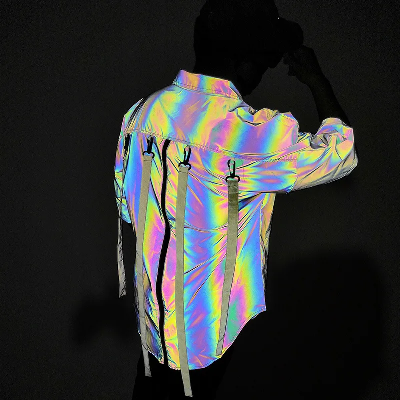 Reflective Shirts Men's Short Sleeve T-Shirts Ribbon Decorative Shirts Loose Lapel Tops Laser Reflective Irregular T-Shirt