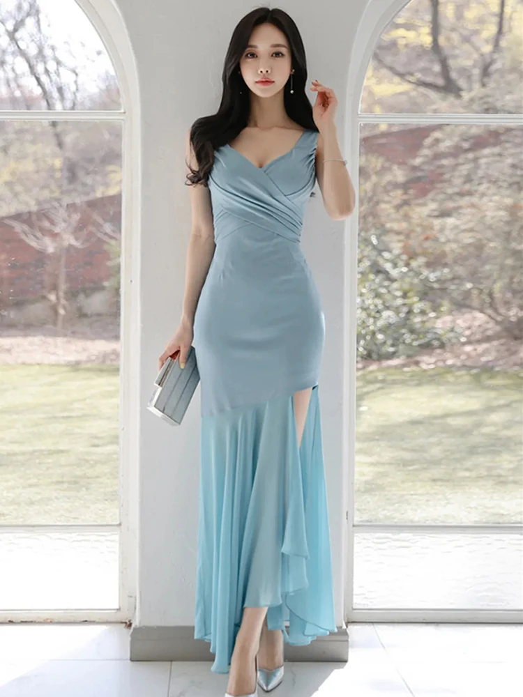 Праздничное сексуальное вечернее платье женское Голубое Прозрачное