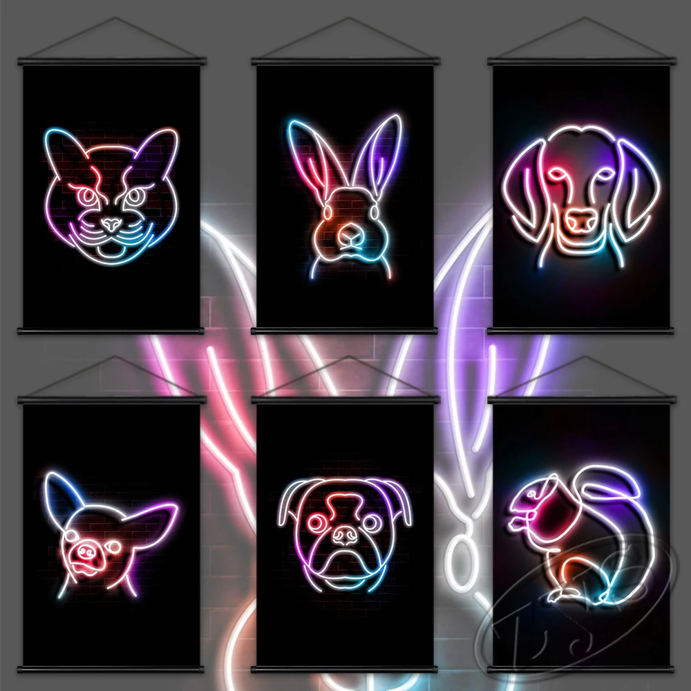 

Prints Animal Poster Art Neon Lineart Canvas Pig Painting Modern Mural Rabbit Decor Picture Hanging Scrolls Wall Home Cuadros