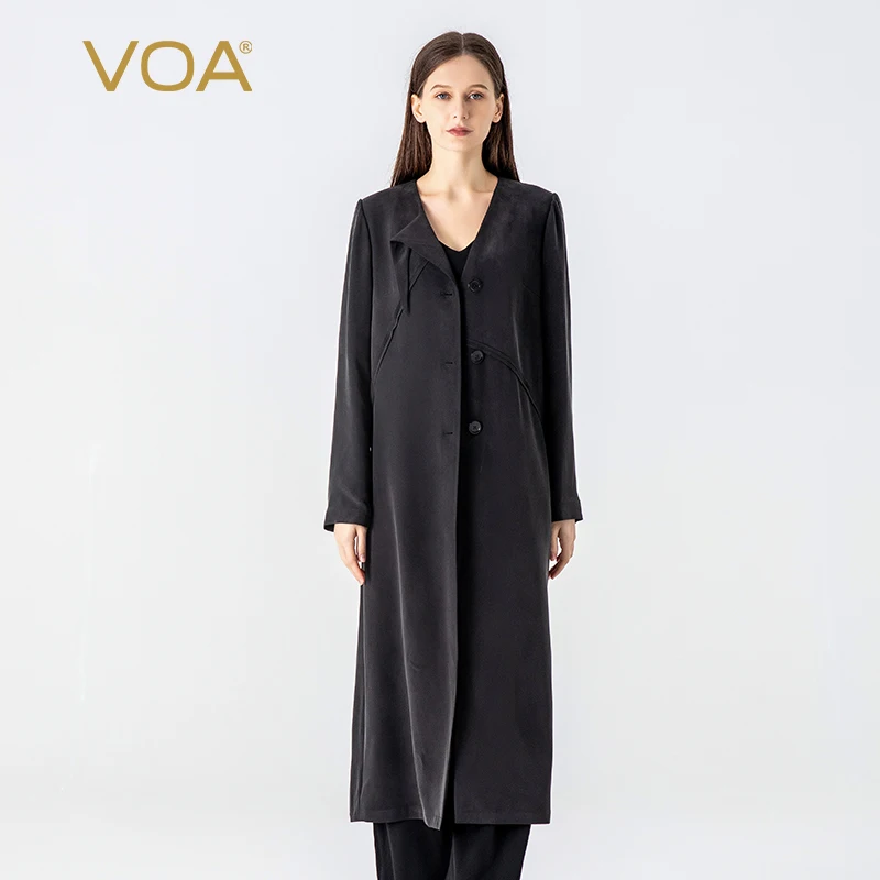 

VOA 30 Momme Heavyweight Mulberry Silk Black V-neck Long Sleeve Three Button Asymmetric Design Silk Trench Coat Women New FE372