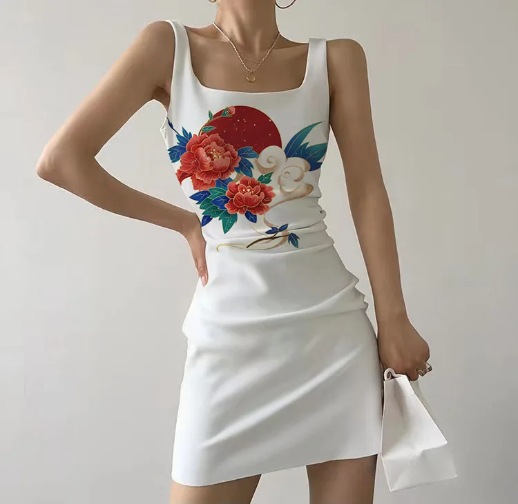 

Summer Sexy Dress Club Short Mini Ladies Dress Fashion Skinny Mini Skirt Floral Dress Backless Skinny Sleeveless Party Dress