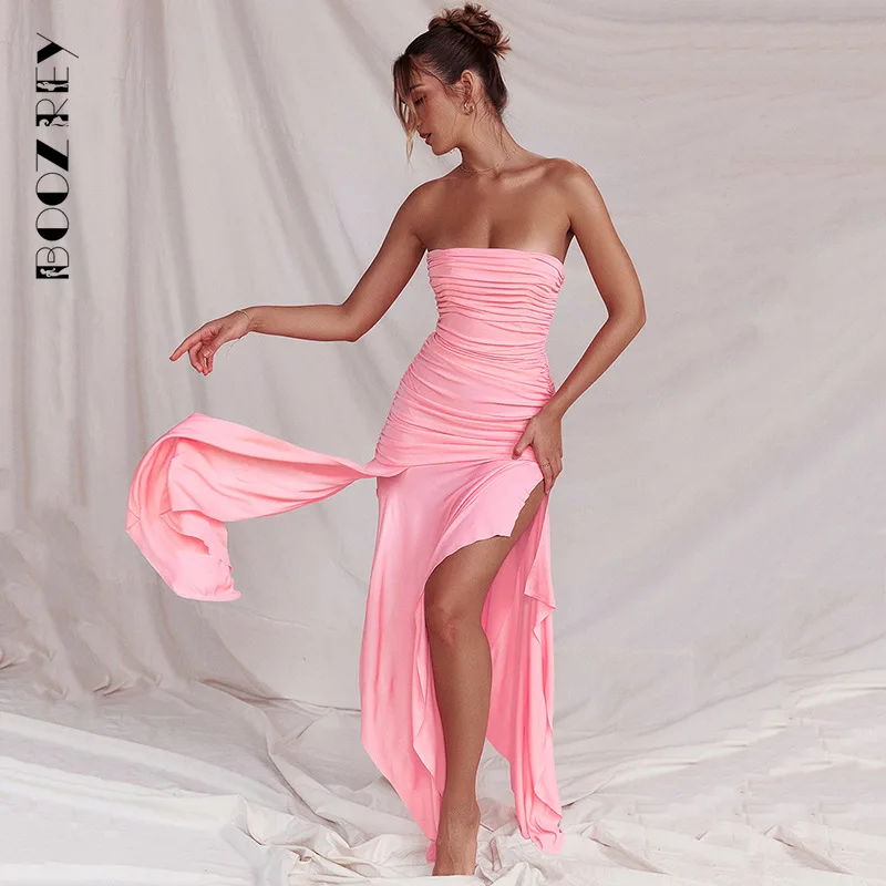 

Сексуальное однотонное асимметричное женское платье BoozRey с воротником-лодочкой, элегантное розовое платье без рукавов с лямкой на шее и разрезом на груди