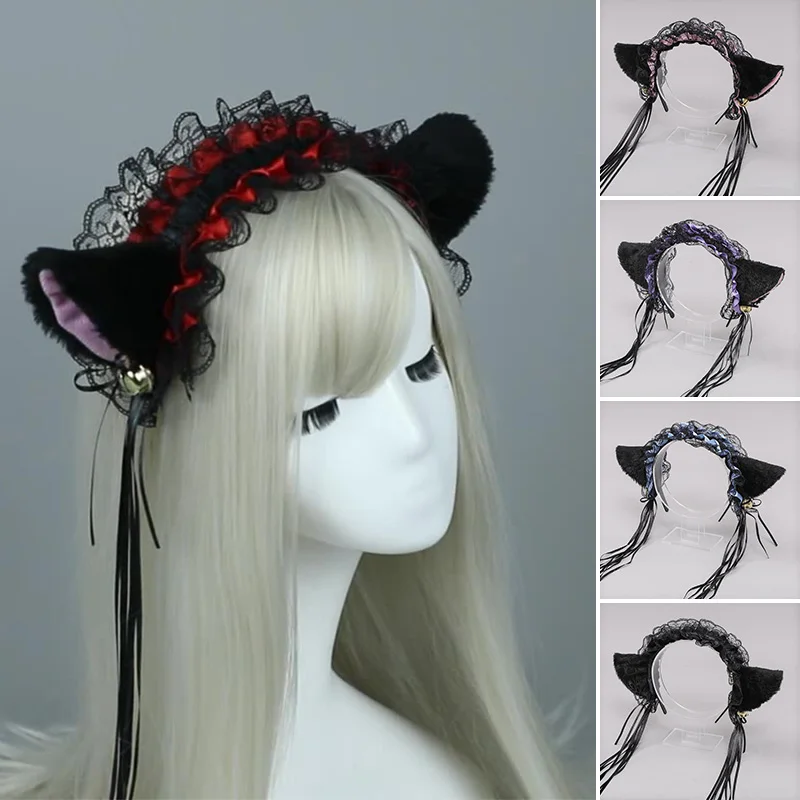 

Женская плюшевая повязка на голову с кошачьими ушками, обруч для волос в готическом стиле, обруч для волос горничной в стиле "Лолита", ободок ...