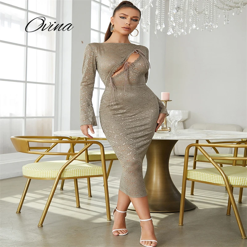 

2022 New Fashion Jacquard Solid Color Lace Round Neck Long Sleeves Sexy Lace-up Mid-calf Sheath Women's Evening Dress
