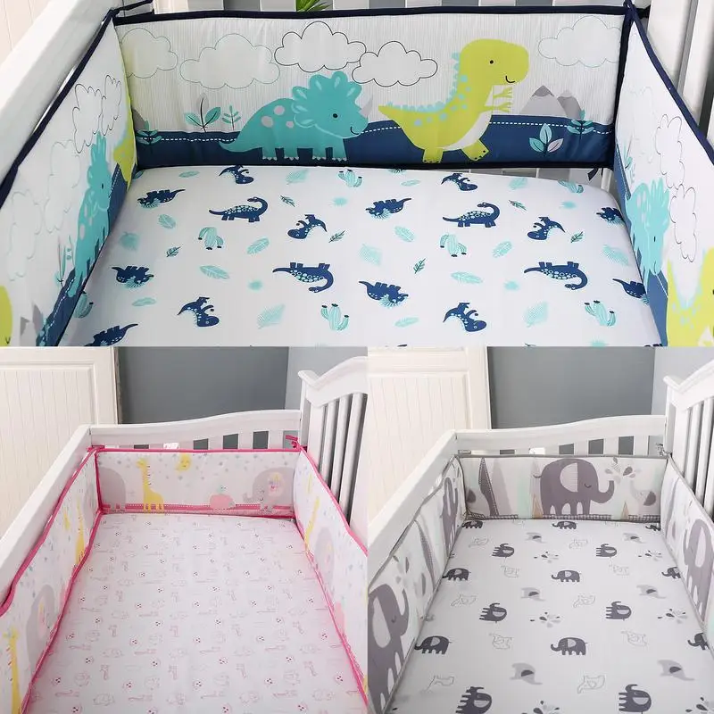 

4PCS Lightweight Elastic Home Bedroom Baby Care Thread Gluing Anti-collision Breathable Cotton Cartoon Print Crib Bumper Kids