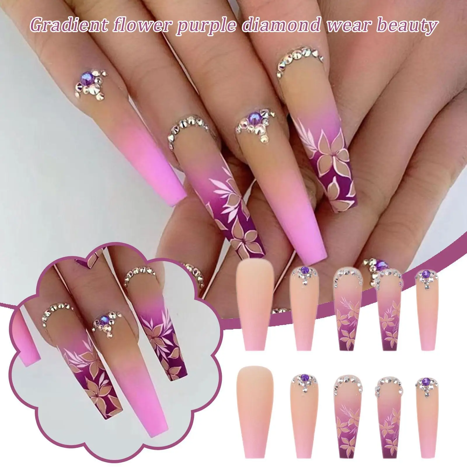 

24Pcs/Box Purple Gradient Long Ballet Fake Nails With Glue Flower Pattern French Rhinestone Design Full Cover Press On Nail Tips