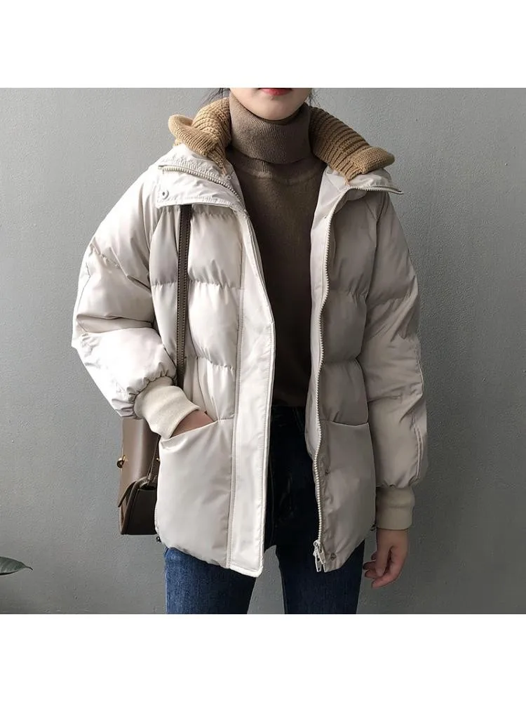 2022 Winter New Knitted Hooded Short Korean Version Of Thick Bread Parka Woman Loose Warm Coats And Jackets