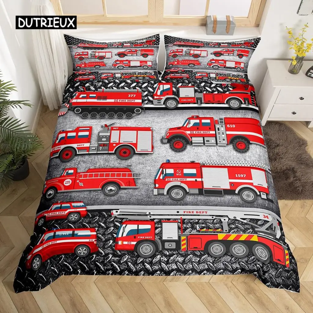 Fire Truck Duvet Cover Set Twin Size Red Firemen Car Vehicle Bedding Engine Pattern for Boys Tire Printing Quilt