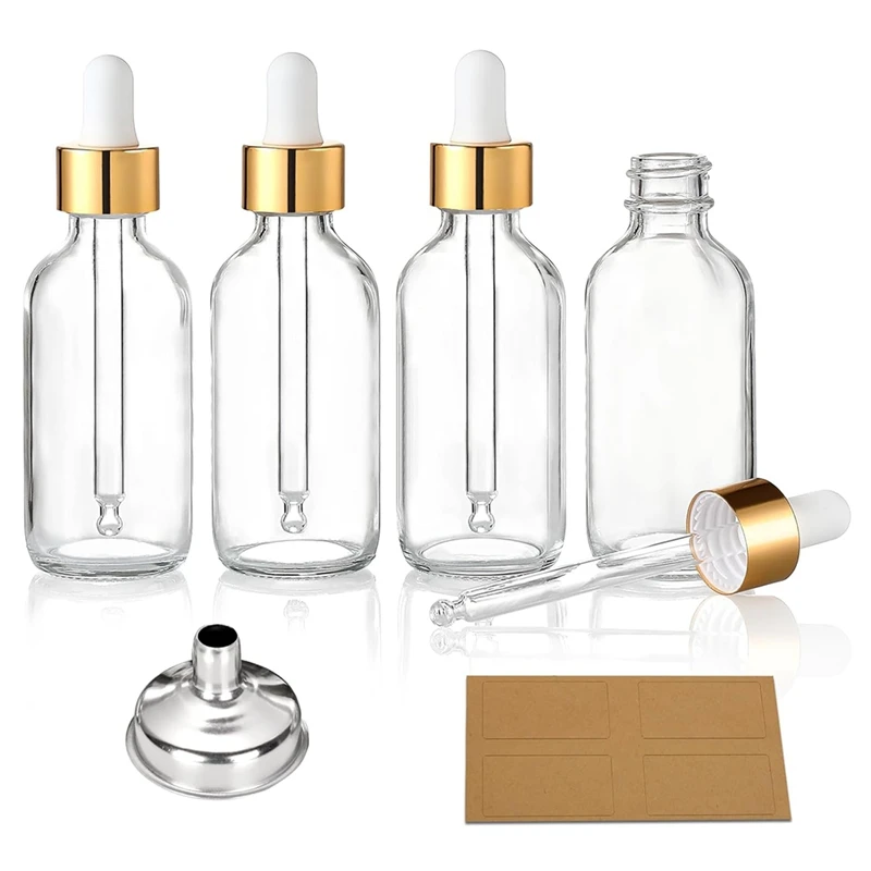 

Leak Proof Travel Dropper Bottles 4 Pack with Golden Caps, Clear Glass for Essential Oils 1Oz (30Ml)