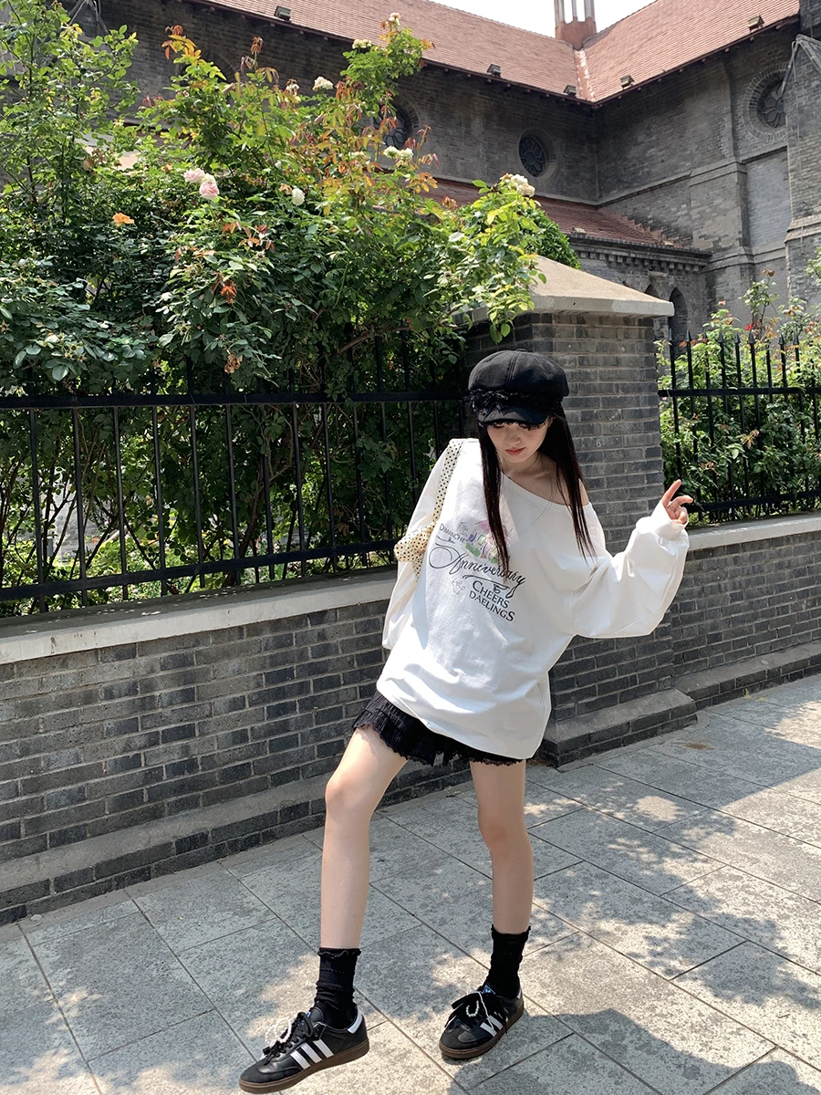 Xinhelp Домашняя футболка Pure Desire Idle Sle с открытыми плечами и длинными рукавами