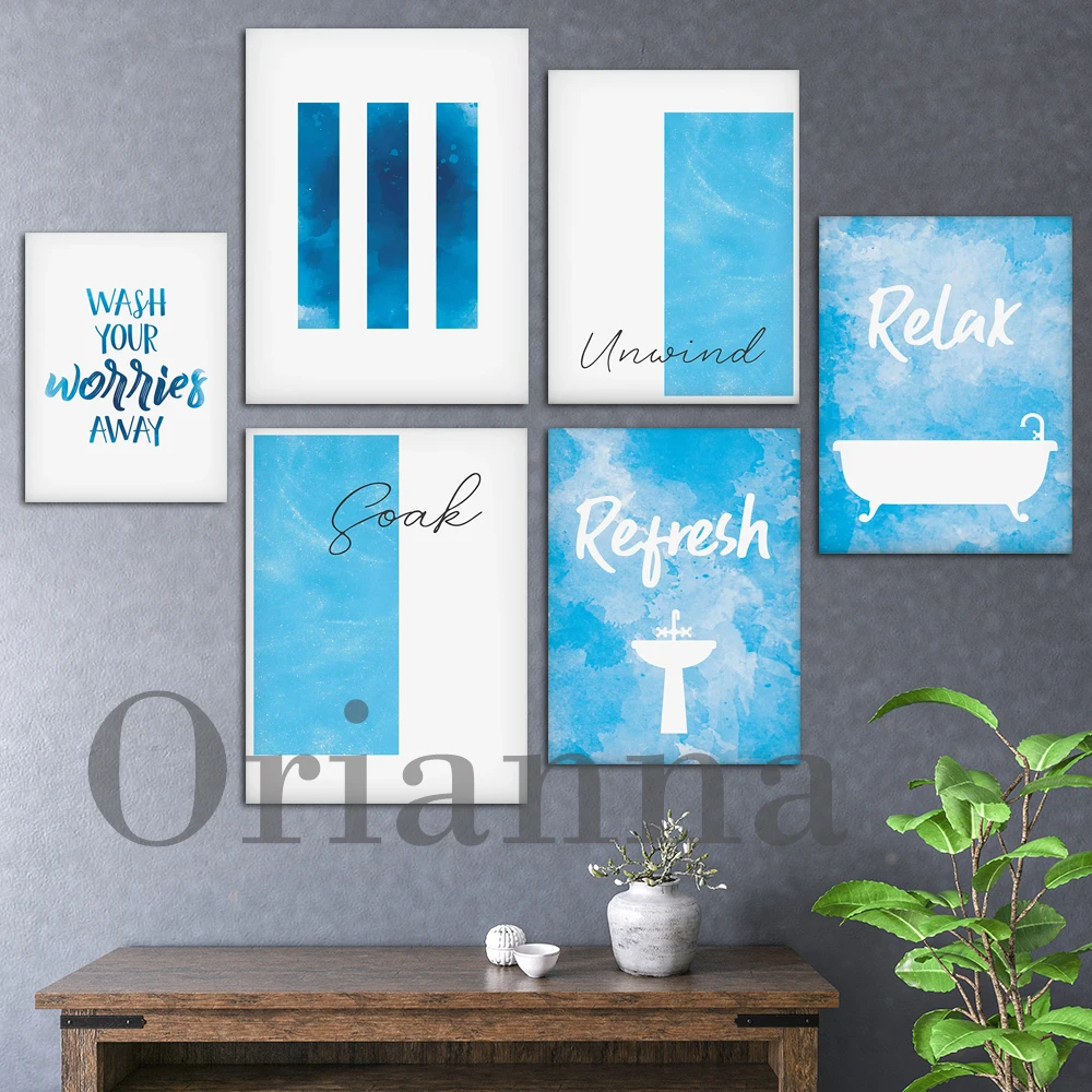 

Soak Refresh Relax Wash Your Worries Away Toilet Funny Bathroom Blue Wall Art Prints Posters Nordic Modern Home Decor Painting