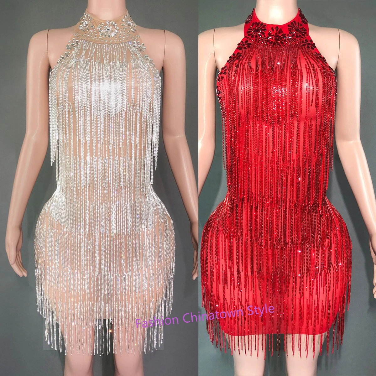 Блестящее платье с серебряными камнями и Белой Кисточкой телесного цвета для