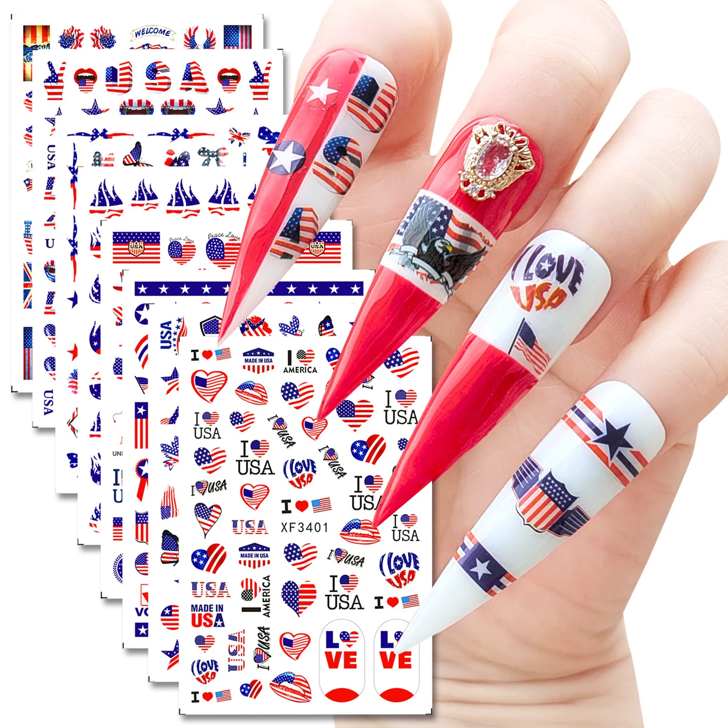 8 Sheets/lot Celebrate Independence Day USA America UK Flags Adhesive Nail Art Stickers Decals Manicure Ornaments Set
