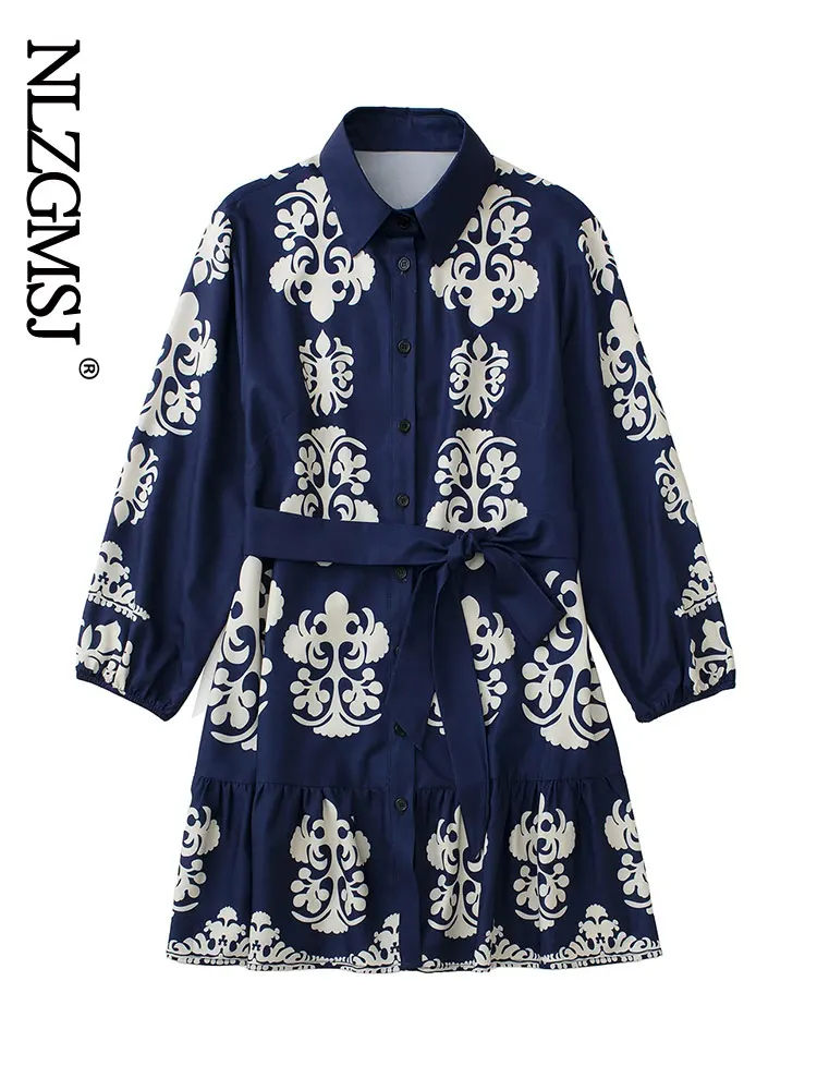 

Nlzgmsj Za 2022 Women Print Button Up Mini Shirts Dress Female With Sashes Chic Long Sleeve Casual Party Dresses Vestido 202204