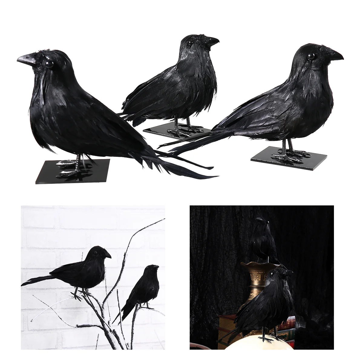 

TINKSKY 3pcs Simulation Decoration Realistic ed Crows Raven Birds with Pedestals Funny Ornaments Hounted