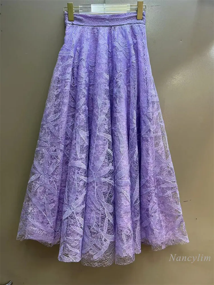 

Summer Long Purple Skirt for Women New High Waist Slimming Lace Embroidered Mesh Skirts Women's 2023 Large Swing Party Jupe