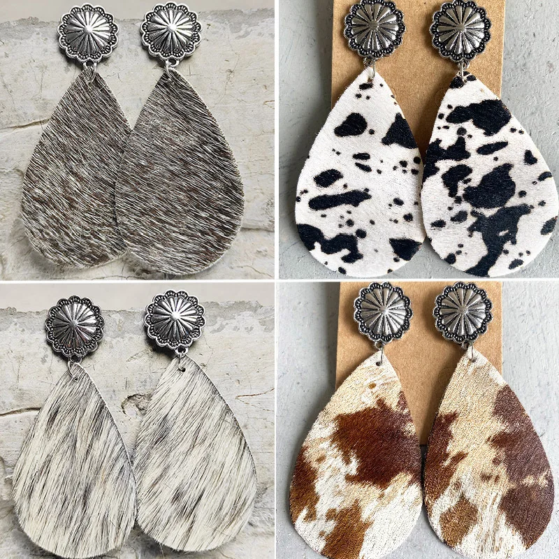 

Vintage West Cowboy Animal Print Leather Earring Bohemian Horse Hair Pumpkin Flower Metal Earrings Women Simple Fashion Jewelry