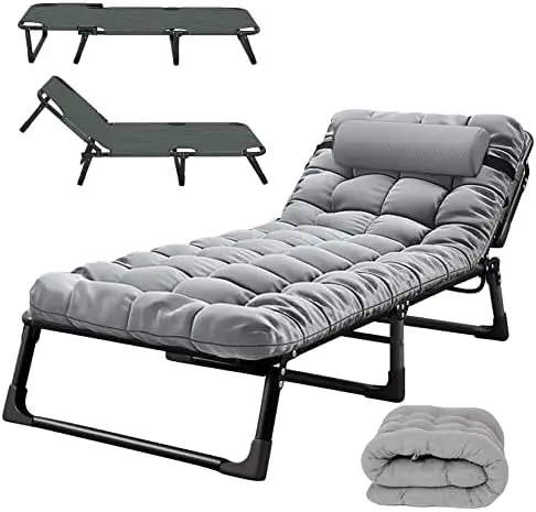 

Folding Camping Cot, Adjustable 4-Position Adults Reclining Chairs with Mattress,Outdoor Folding Lounge Chair Sleeping Cots Bed