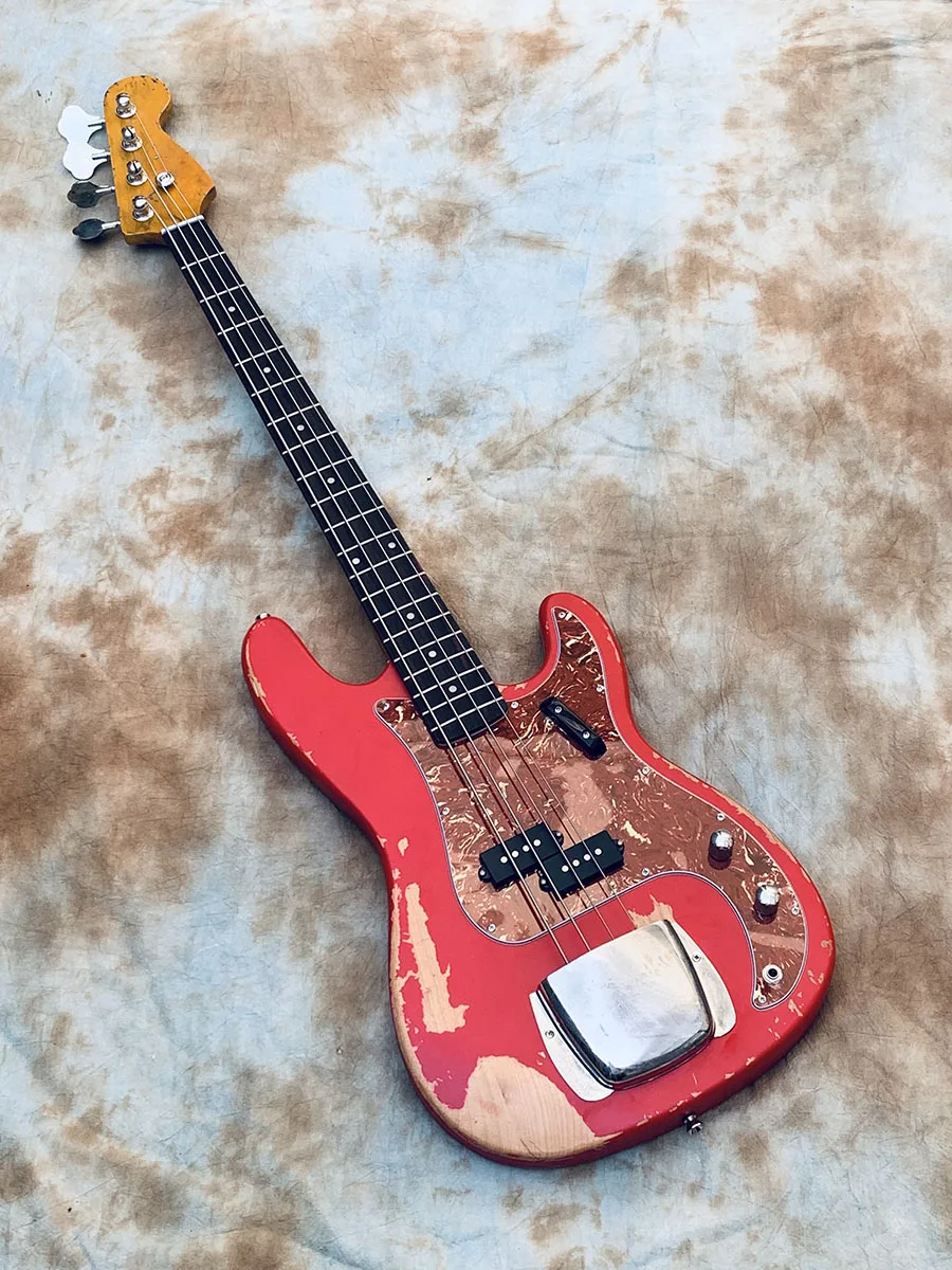 Custom Electric Bass Guitar, 4 String,  Aged Relic Candy Apple JAZZ, Red, High Quality, Best Price
