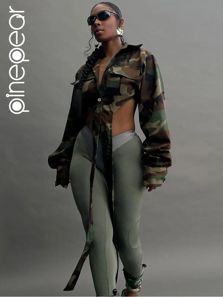 

PinePear Camouflage Front Long Irregular Bomber Cropped Jacket Women 2024 New Y2K Camo Full Sleeve Pockets Short Coat Streetwear
