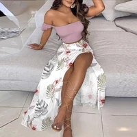 summer sexy off shoulder top skirt sets 2022 fashion vintage floral print long skirts women ladies pleated skirts two piece set