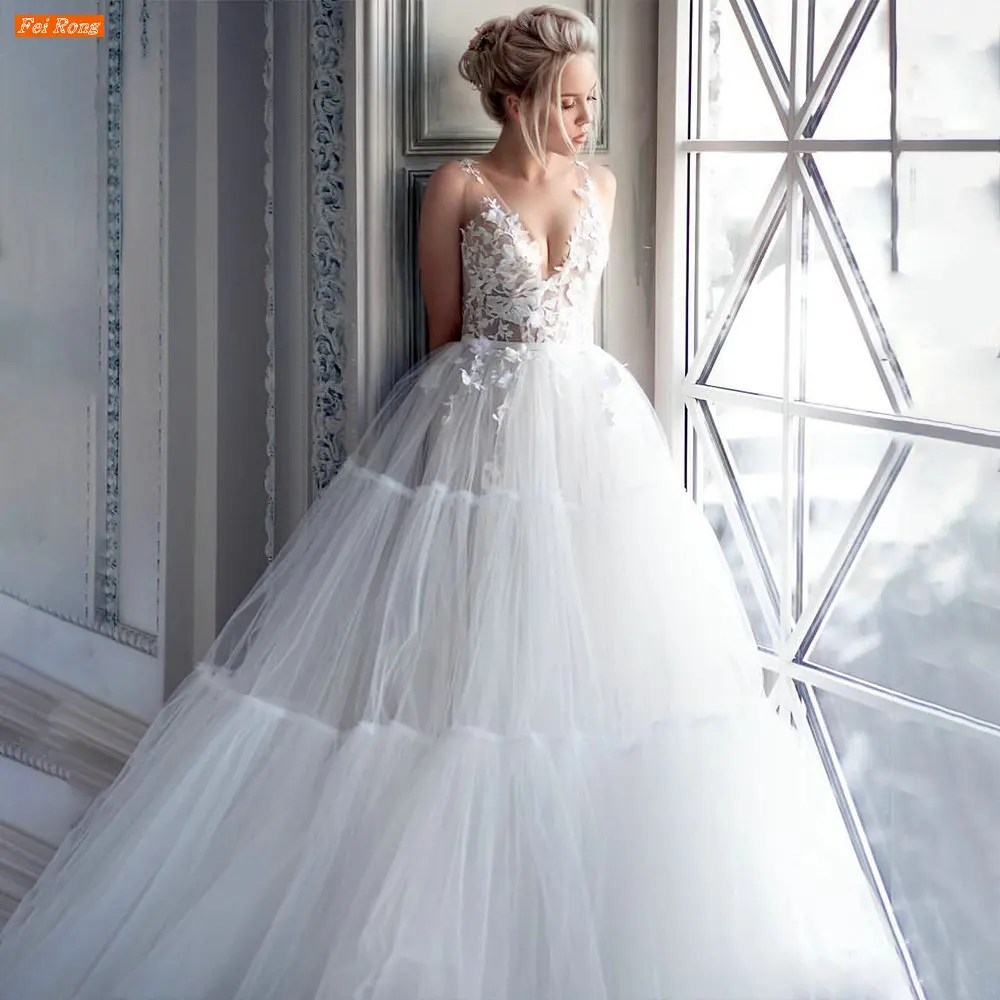 

Женское свадебное платье с V-образным вырезом, кружевной аппликацией и Боковым Разрезом