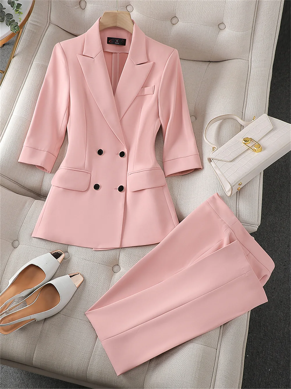 2023 New Summer Women Pant Sets Pink Female Half Sleeve Blazer and Pant Suit Office Ladies Business Work Wear Formal 2 Piece Set