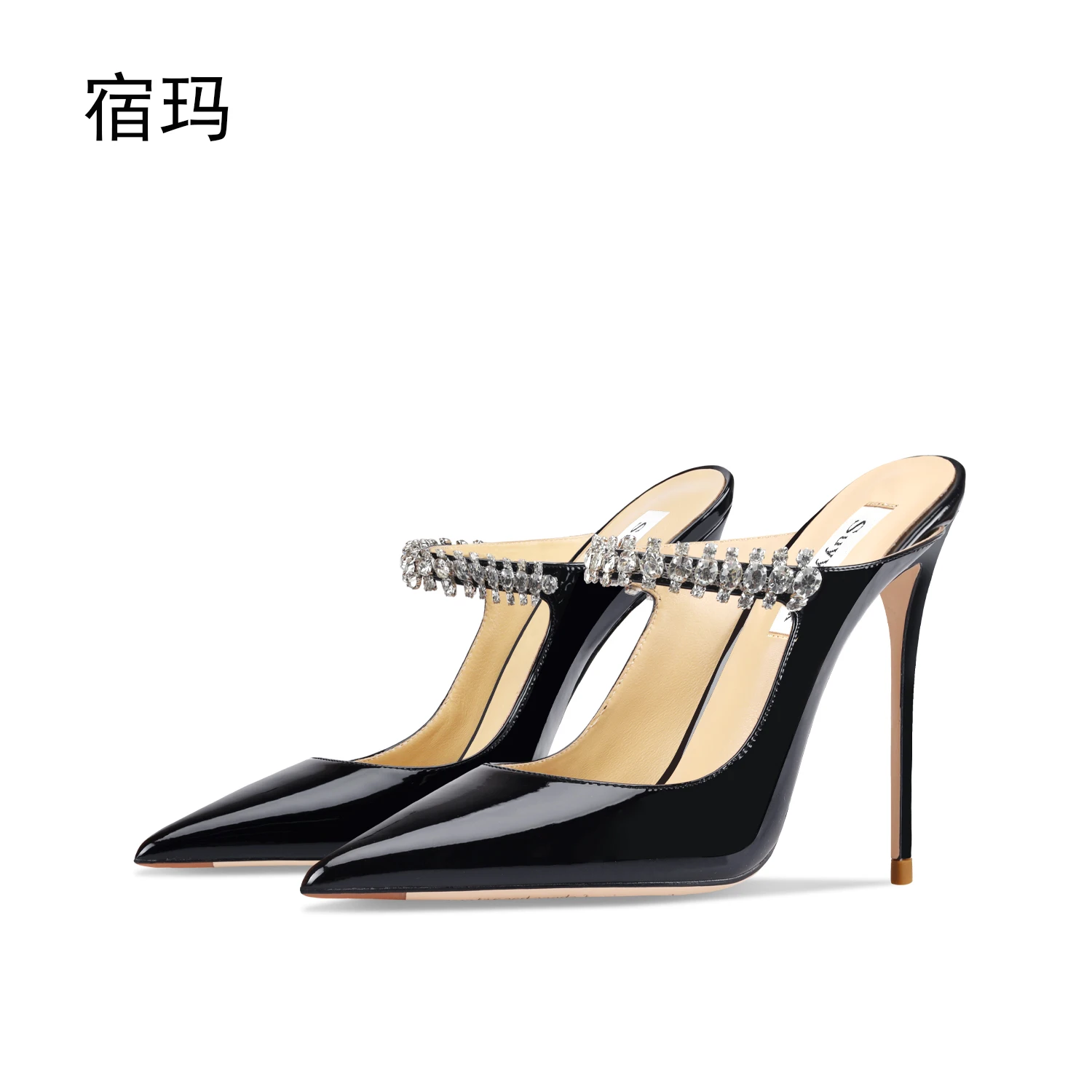2023 Summer Women Sandals High Heel Slippers Crystal Decoration Pointed Toe Back Strap Elastic Band Elegant Fashion Shoes Ladies