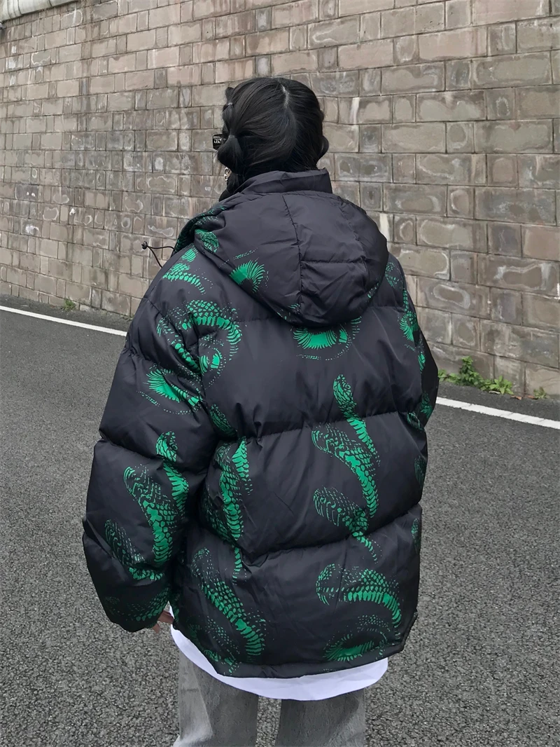 Куртка мужская зимняя со змеиным принтом уличная одежда в стиле панк теплая