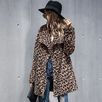 womens imitation 2021 fur coat womens leopard print autumn and winter mid length lapel one button long sleeved woolen coat
