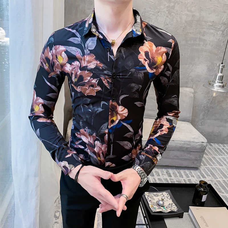 2022 Spring Vintage Men's Shirts Floral Print Slim Long Sleeve Casual Shirt Social Party Tuxedo Shirt Streetwear Male Clothing