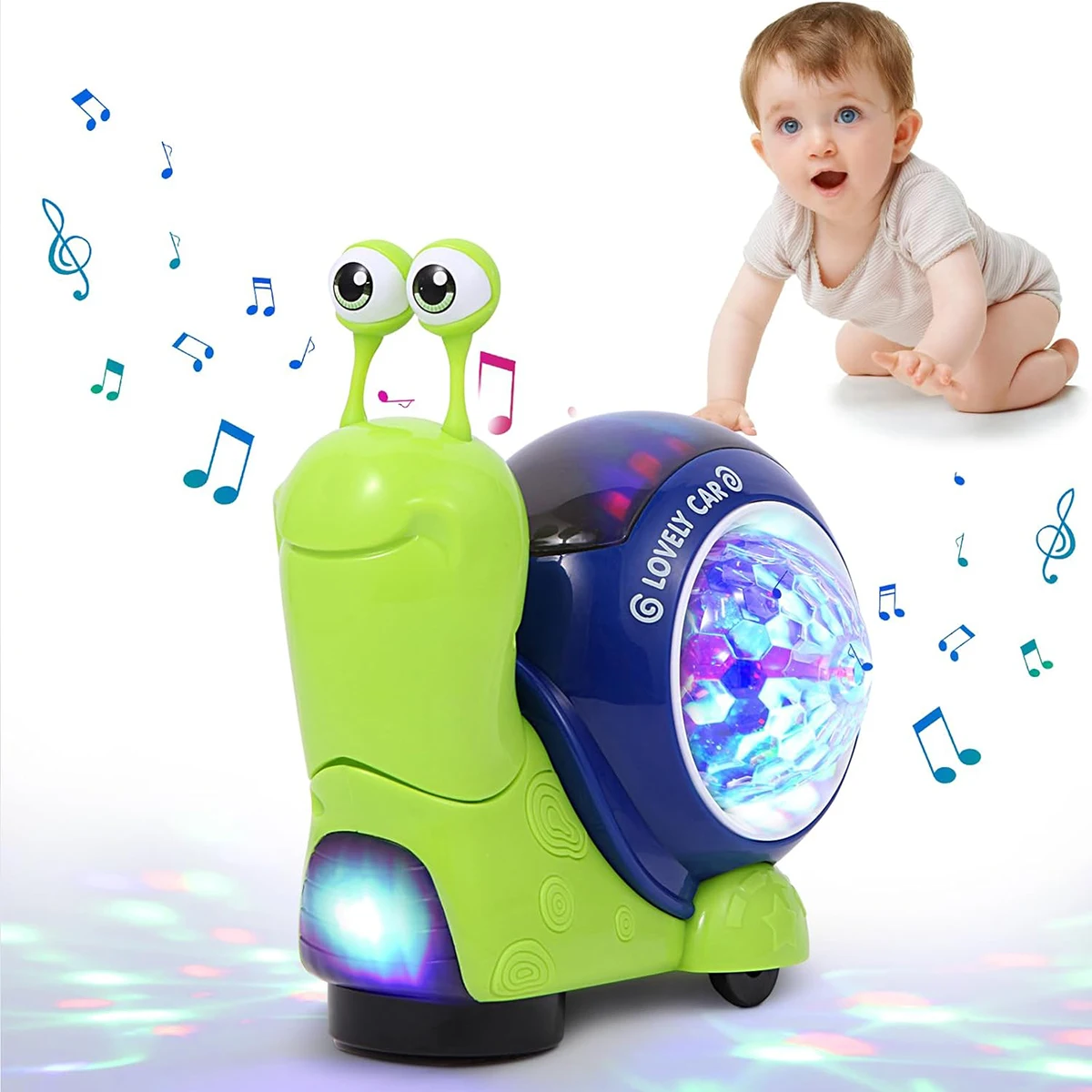1PC Crawling Snail Baby Toy Walking Tummy for Babies Interactive Musical Light up Toys (Green snail)