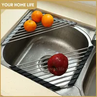 Sink Drain Rack Silicone 304 stainless steel kitchen accessories Drainer Roll Up over sink Dish Drying Rack Shelf for Kitchen