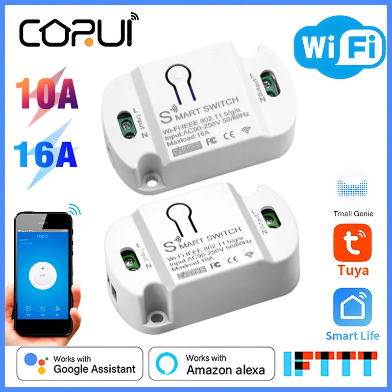 

CoRui Tuya Wifi Smart Switch Module 10A 16A Timer Remote Voice Control Wireless Switch Smart Home Works with Alexa Google Home