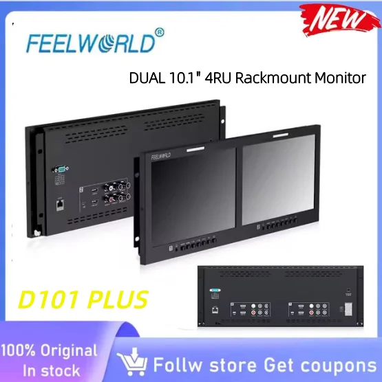 Фото FEELWORLD D101 PLUS Двойной 10.1-дюймовый монитор для установки в стойку 4RU, 4K HDMI SDI, 1920x1200 IPS, гибкое питание с низким энергопотреблением. №1