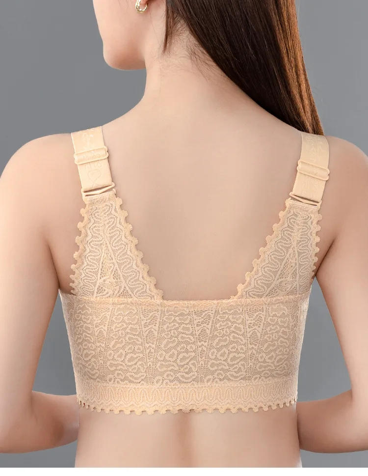 Wireless Front Closure Bra for Womens Full Coverage Lightly Lined Underwear Female Sexy Lace Floral Push Up Lingerie 42 44 46 E