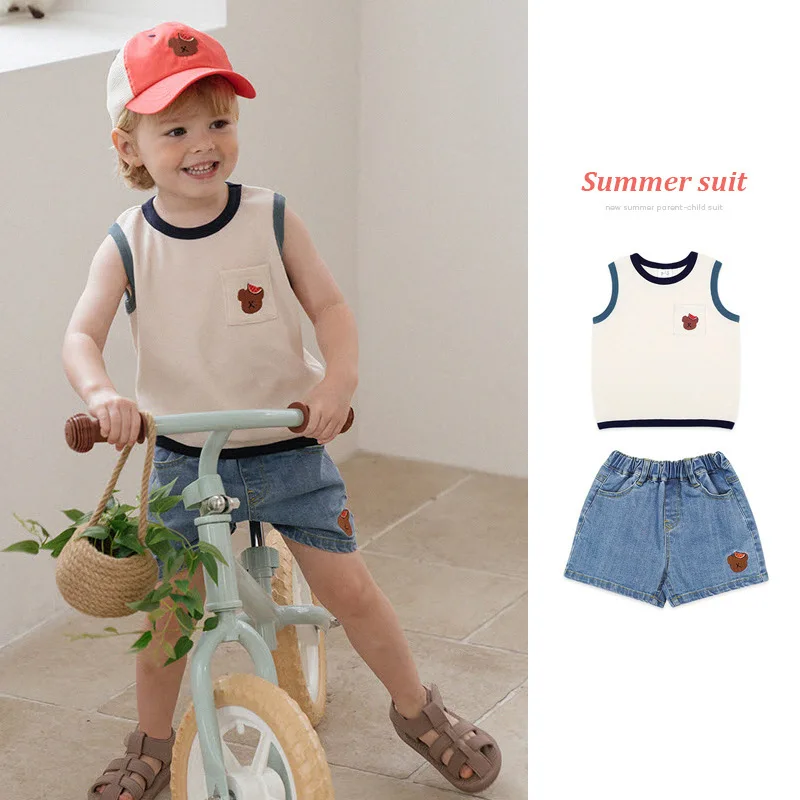 

Boys Suits 2022 Summer White Cotton Boys Tank Top T-Shirt Fashion Boys Denim Shorts Baby Clothing Two Piece Children's Clothing