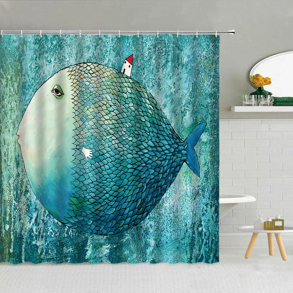

Забавная абстрактная занавеска для душа «большая рыба», текстура синего океана, морских животных, водорослей, водонепроницаемая тканевая занавеска с крючками, декор для ванной комнаты