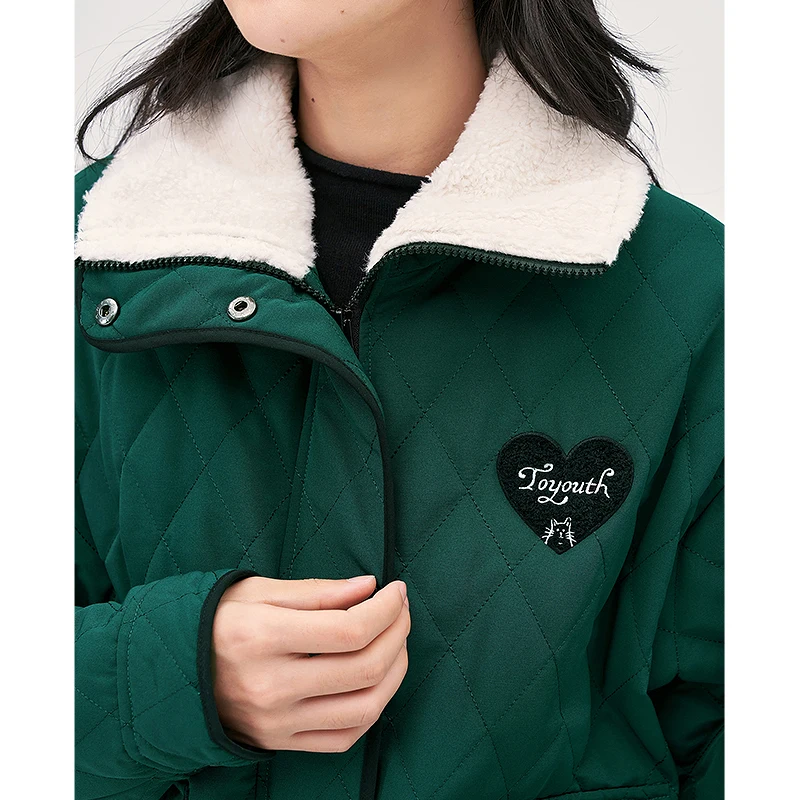 Toyouth Women Thick Coat 2022 Winter Long Sleeve Plush Lapel Loose Jacket with Pocket Green Warm Casual Outwear Tops