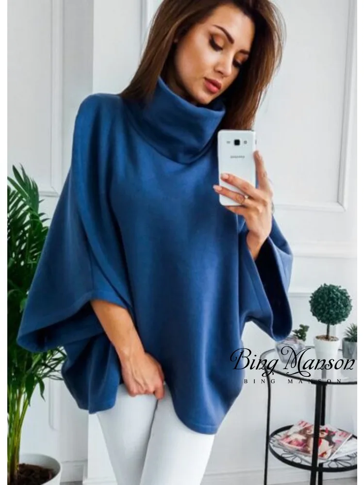 

2023 Autumn and Winter Pullover Women's Brushed Fleece Cloak Asymmetric Large High Neck Loose Sweater Casual Versatile Women's