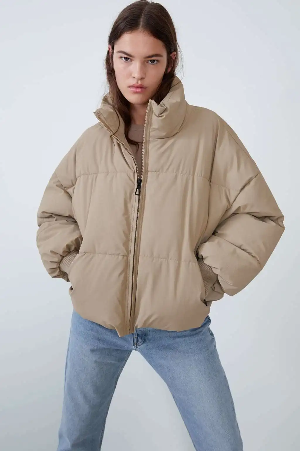 Women's Basics Parkas Casual Loose Cotton Clothes Korean Fashion Solid Half High Collar Warm Autumn and Winter OL Coats for Girl