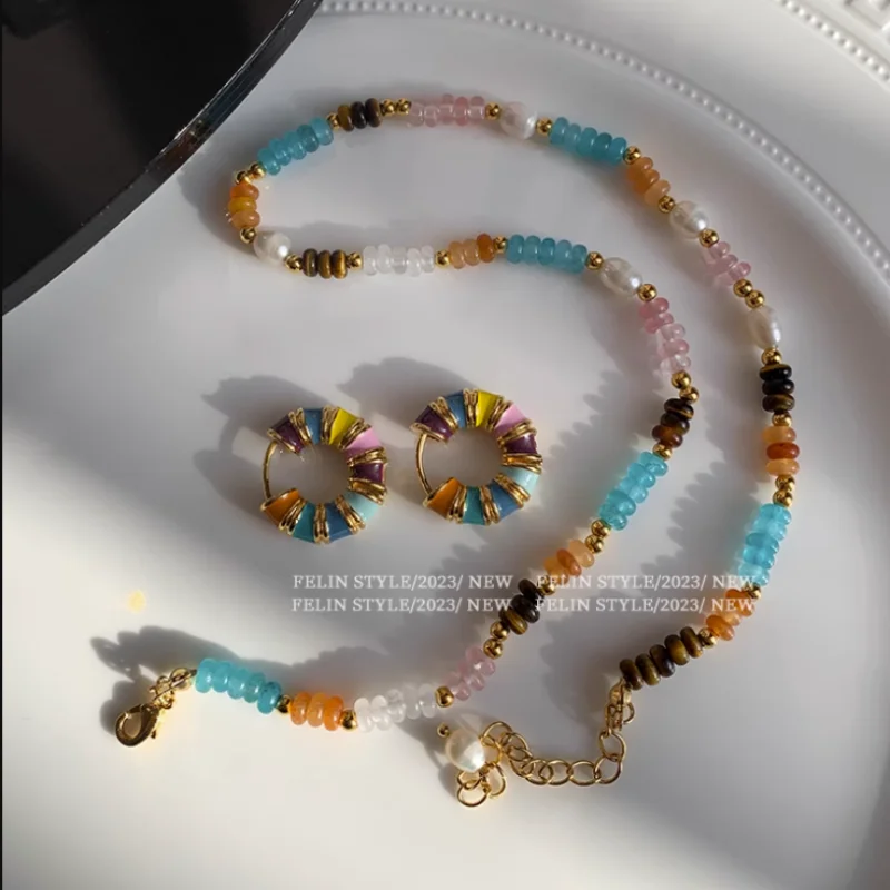 

Natural Pearl Colorful Stone Glaze Beaded Necklace French Vintage Colorful Enamel Drop Glaze Ring Earrings Necklace Set