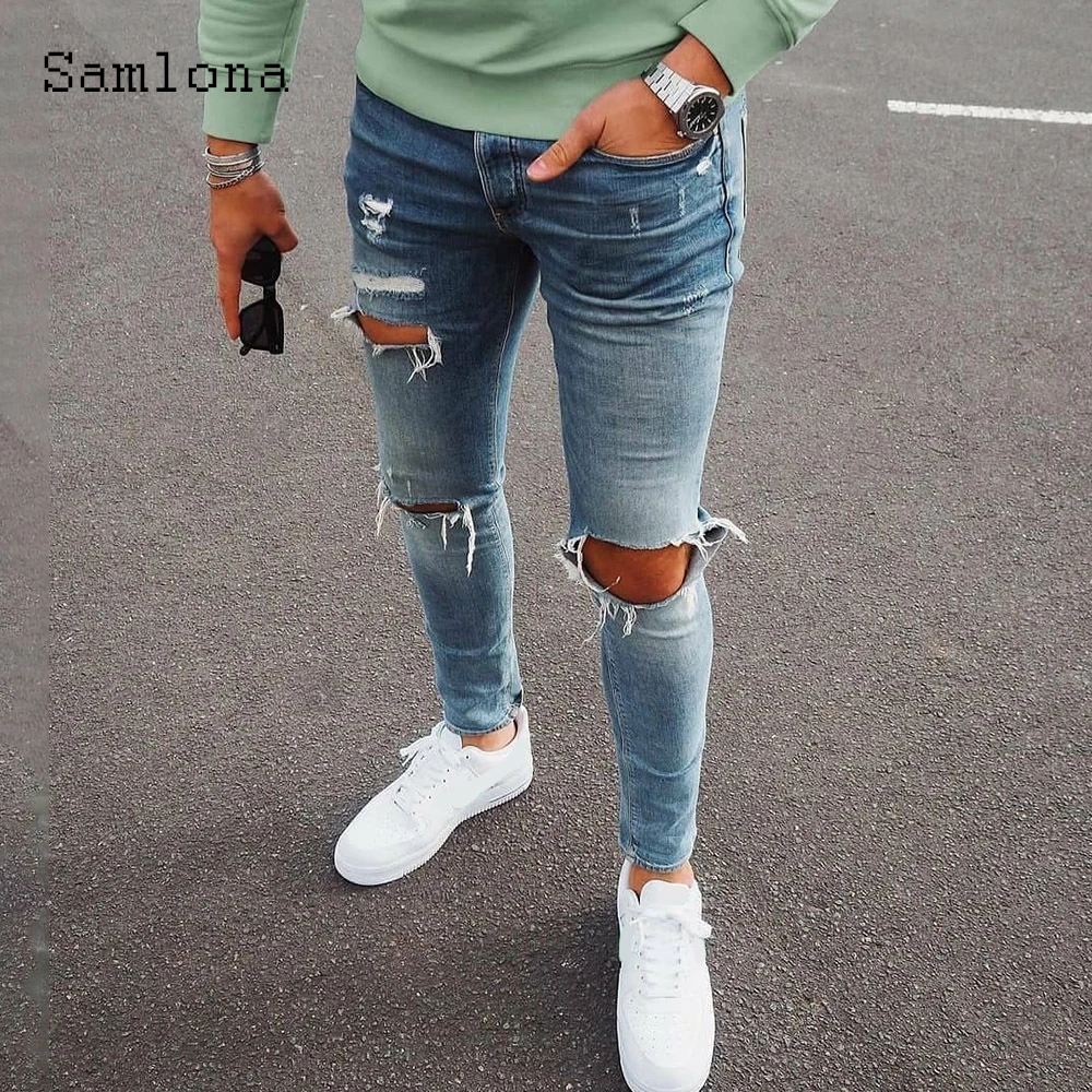Samlona Plus size Men Sexy Jeans Hole Ripped Denim Pants Casual Pantalon Mens Demin Clothes 2022 European Style Fashion Trousers