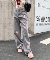 gothic pants for women high waist jeans appliques cross straight all match fashion streetwear y2k baggy wide leg trousers female